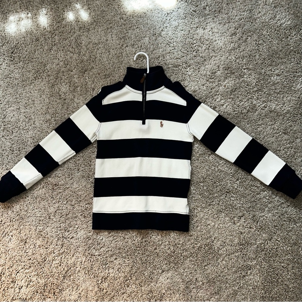 Ralph Lauren boys size 8, long sleeve off white & navy striped polo. EUC.